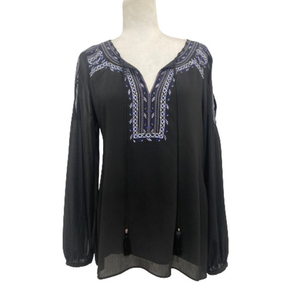 White House Black Market Black Embroidered Tunic Cut Out Shoulders Size 6 - Picture 1 of 8
